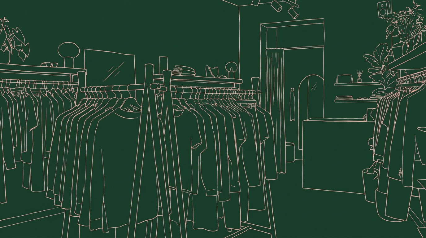 Illustrated boutique interior with racks of pre-loved clothing